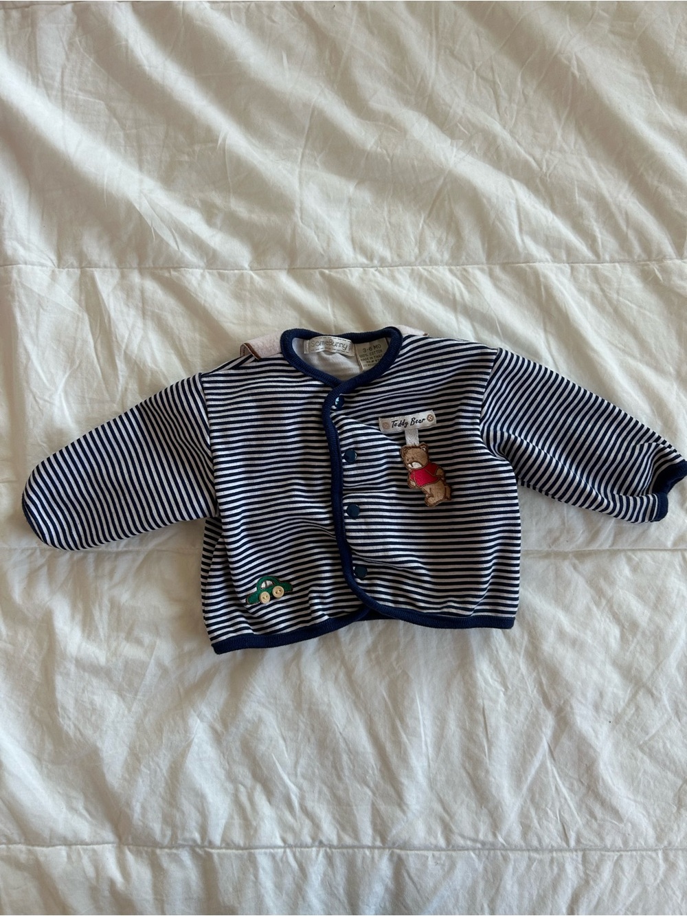 Striped Navy & White Baby Button Top with Bear Patch